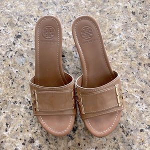 Tory Burch camel tan wedge sandals